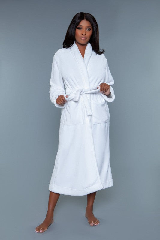 White plush robe with shawl collar, belt tie, long sleeves, and mid-calf length