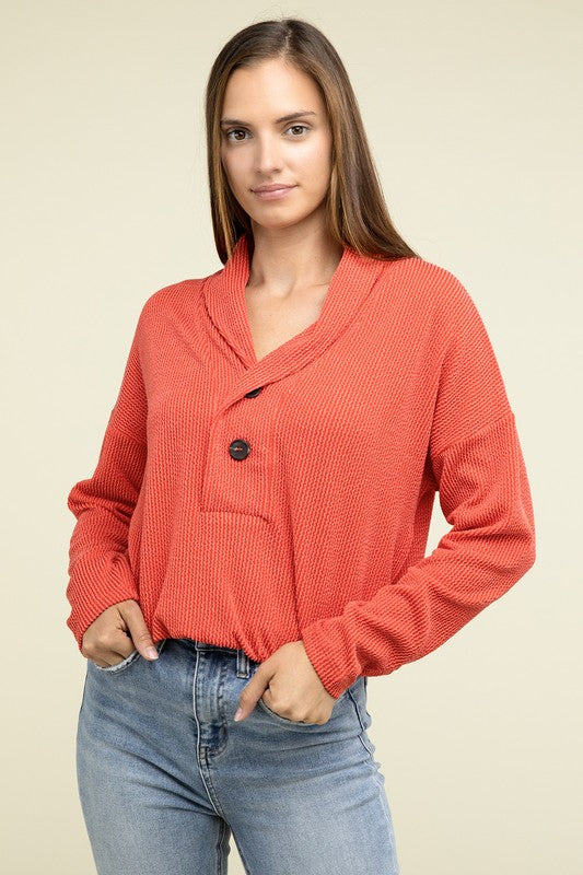 Textured pullover top, coral red, button-front hood, long sleeves and chest pocket