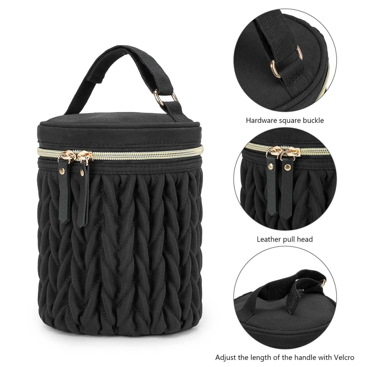 Black insulated baby bottle bag with carry handle, gold-tone zipper, quilted sides