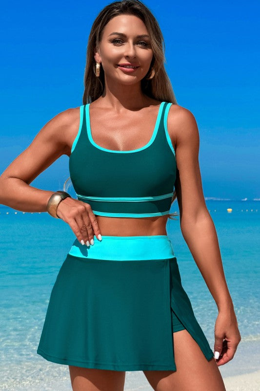 Two-piece high-waisted skirt swimsuit, teal skirt with side slit and turquoise trim