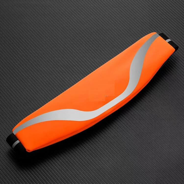 Orange water-resistant waist pack belt with wavy reflective strip.