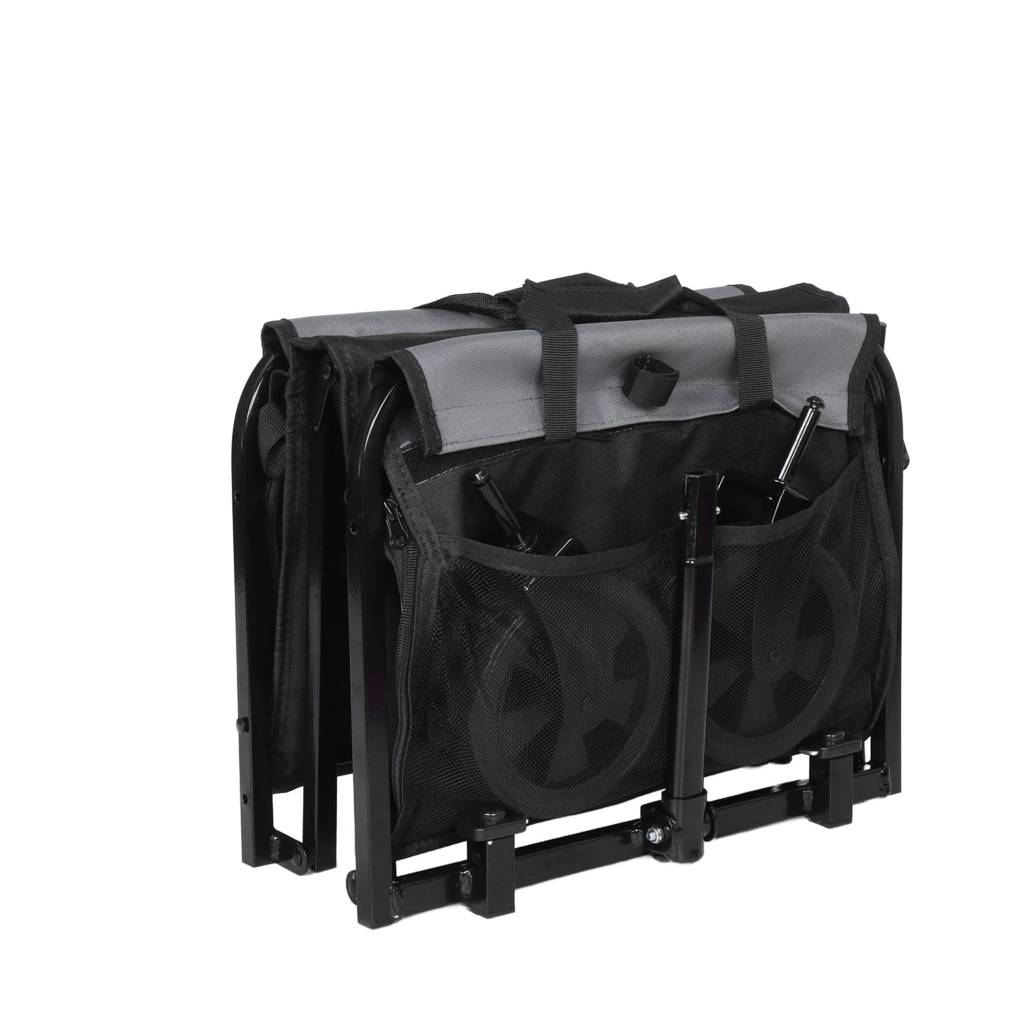 Collapsible wagon basket with mesh side pockets, black lining, and two front support bars