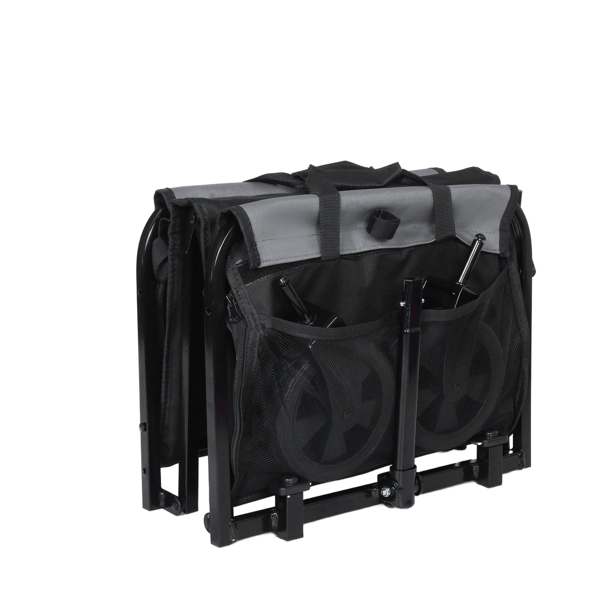 Collapsible wagon basket with mesh side pockets, black lining, and two front support bars
