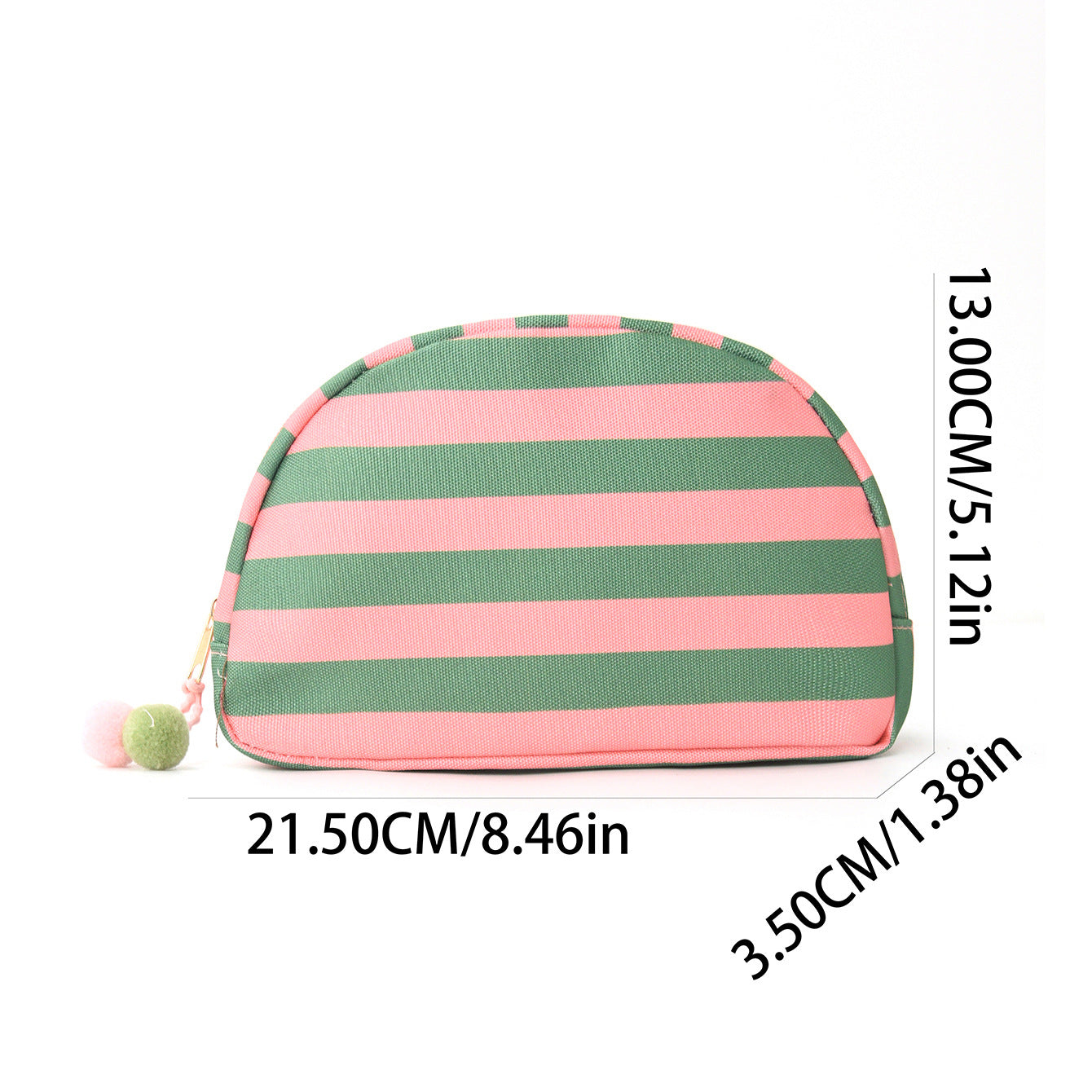 Striped shell makeup bag in green and pink with pom-pom zipper pull.