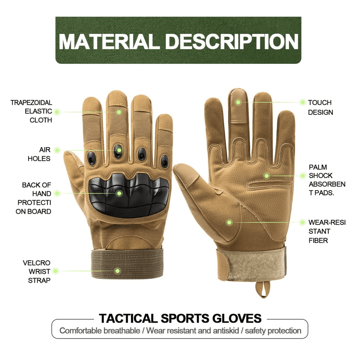 Tan tactical gloves with padded palm and hook-and-loop wrist strap