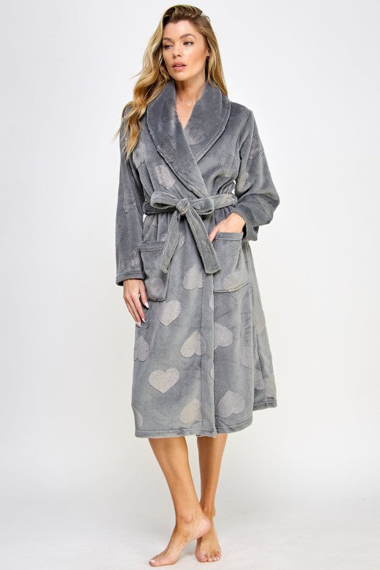 Slate gray heart-print bath robe with shawl collar, belt tie, and side pockets