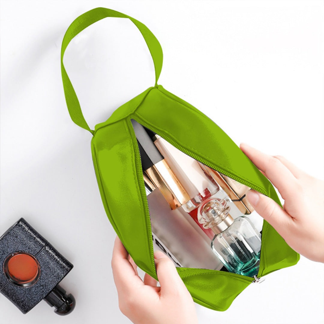 Green translucent frosted PVC wash bag opened, showing toiletries bottles inside