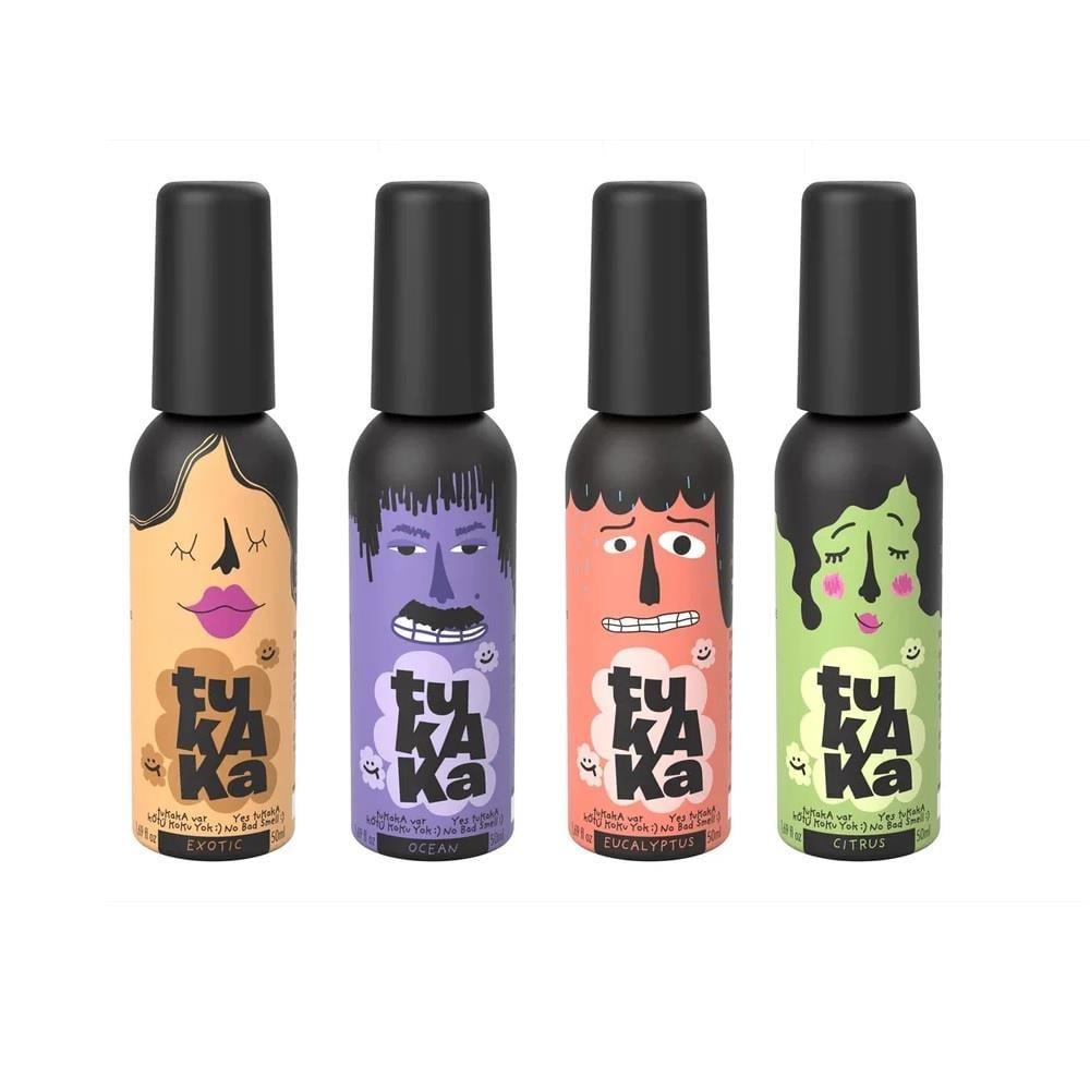 Set of four illustrated toilet spray bottles with dark caps
