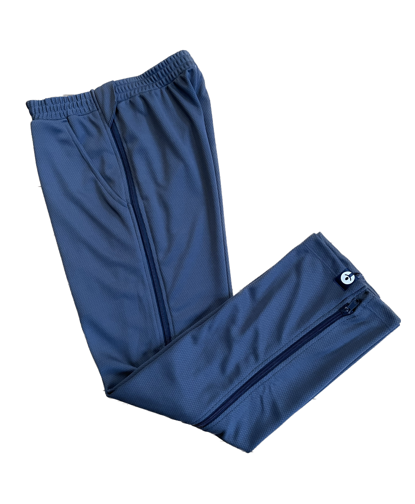 Blue pants with a zipper on a white background