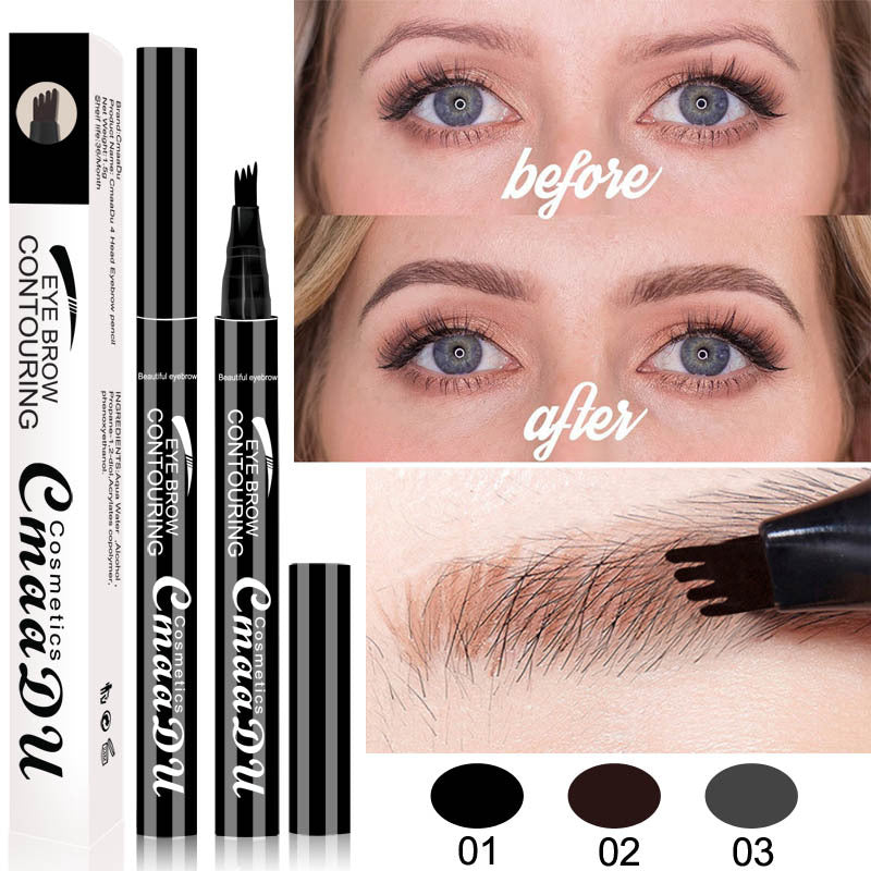 Four-point eyebrow pencil with black casing and four-tip applicator; shades 01-03 shown