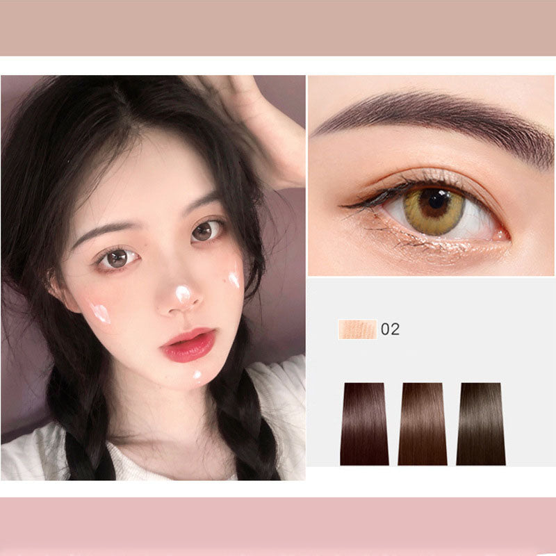Eyebrow pencil makeup look with brow color swatch strip labeled 02 and close-up eye