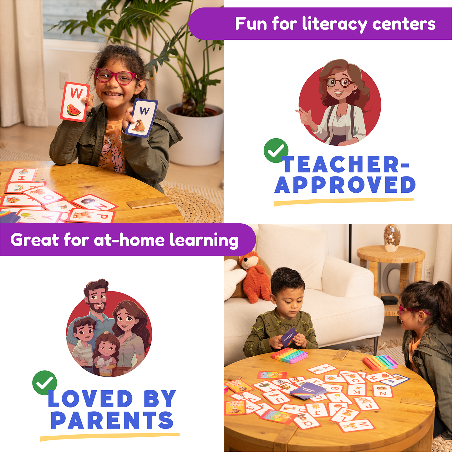 Kids using letter cards in literacy centers with teacher-approved badge overlay