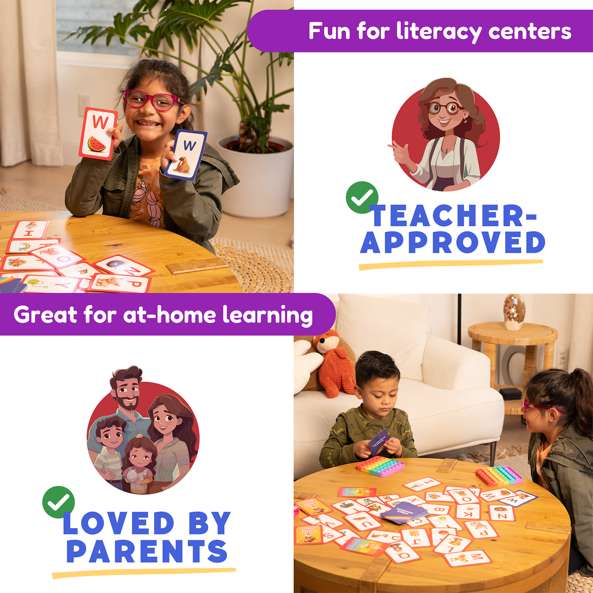 Kids using letter cards in literacy centers with teacher-approved badge overlay