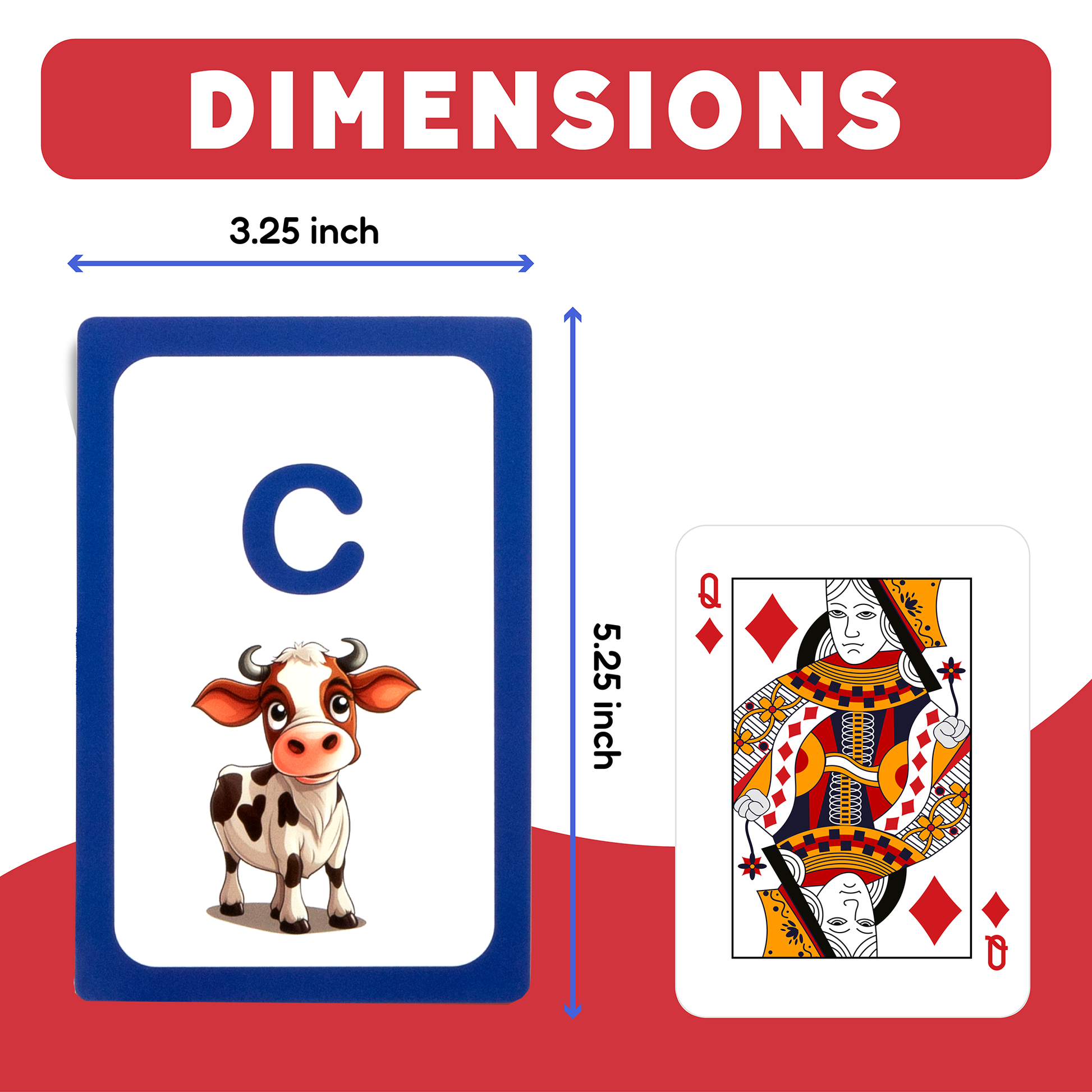 Alphabet letter cards size diagram with a blue C card and example playing card