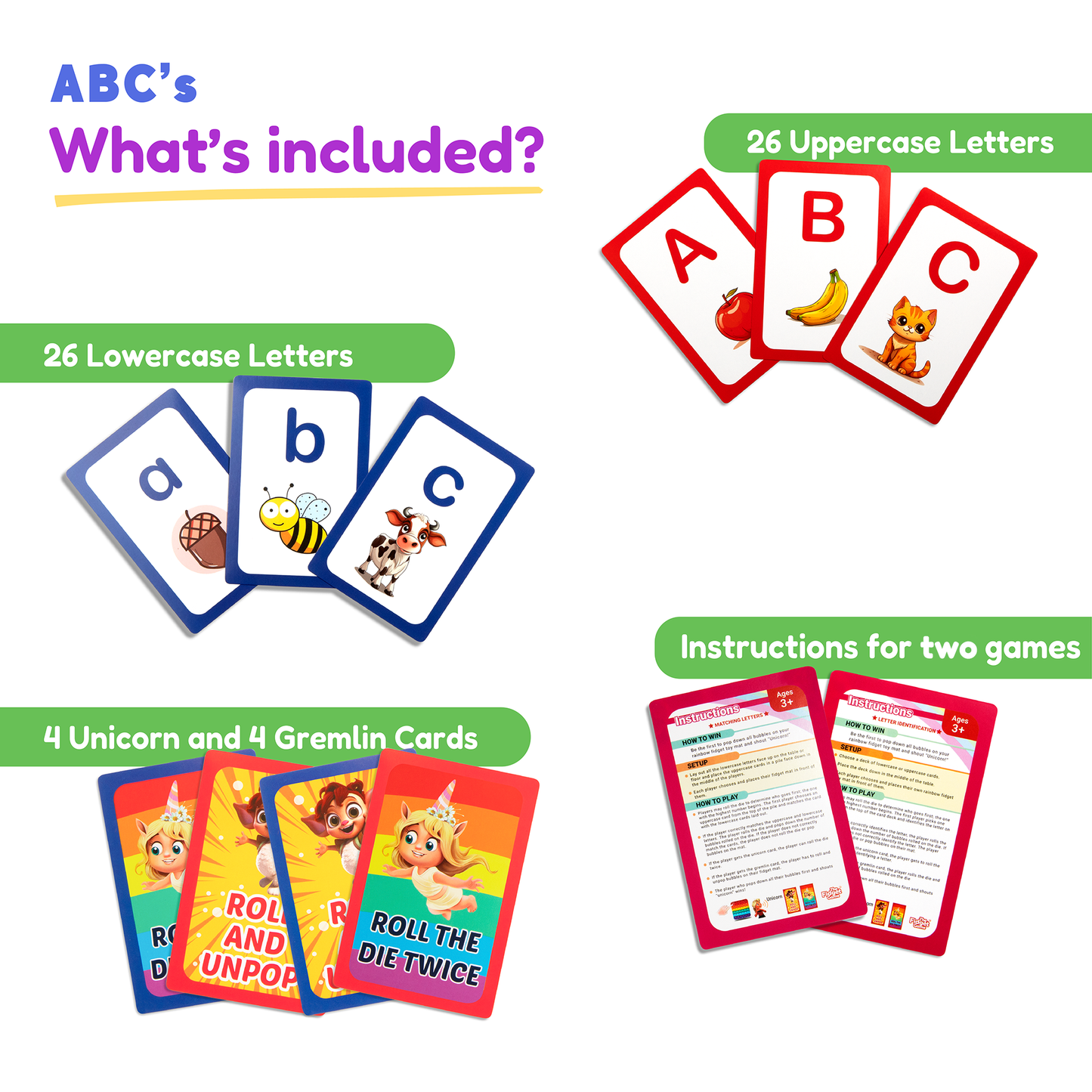 Uppercase and lowercase letter cards set shown with included card counts and instructions