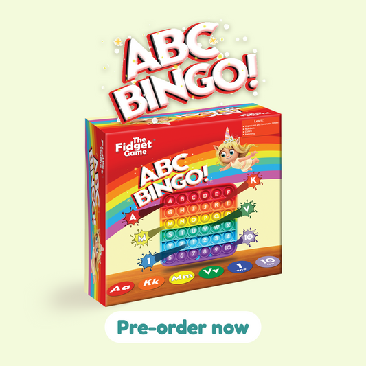 ABC Bingo board game box with rainbow letter-number popping grid