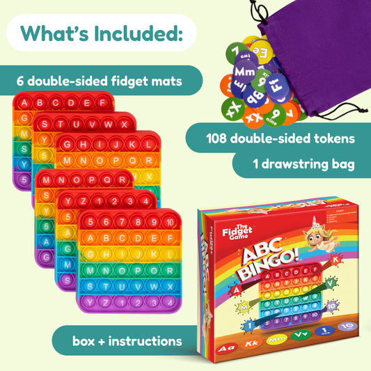 ABC Bingo board game set with stacked pop-it mats, tokens, and purple drawstring bag