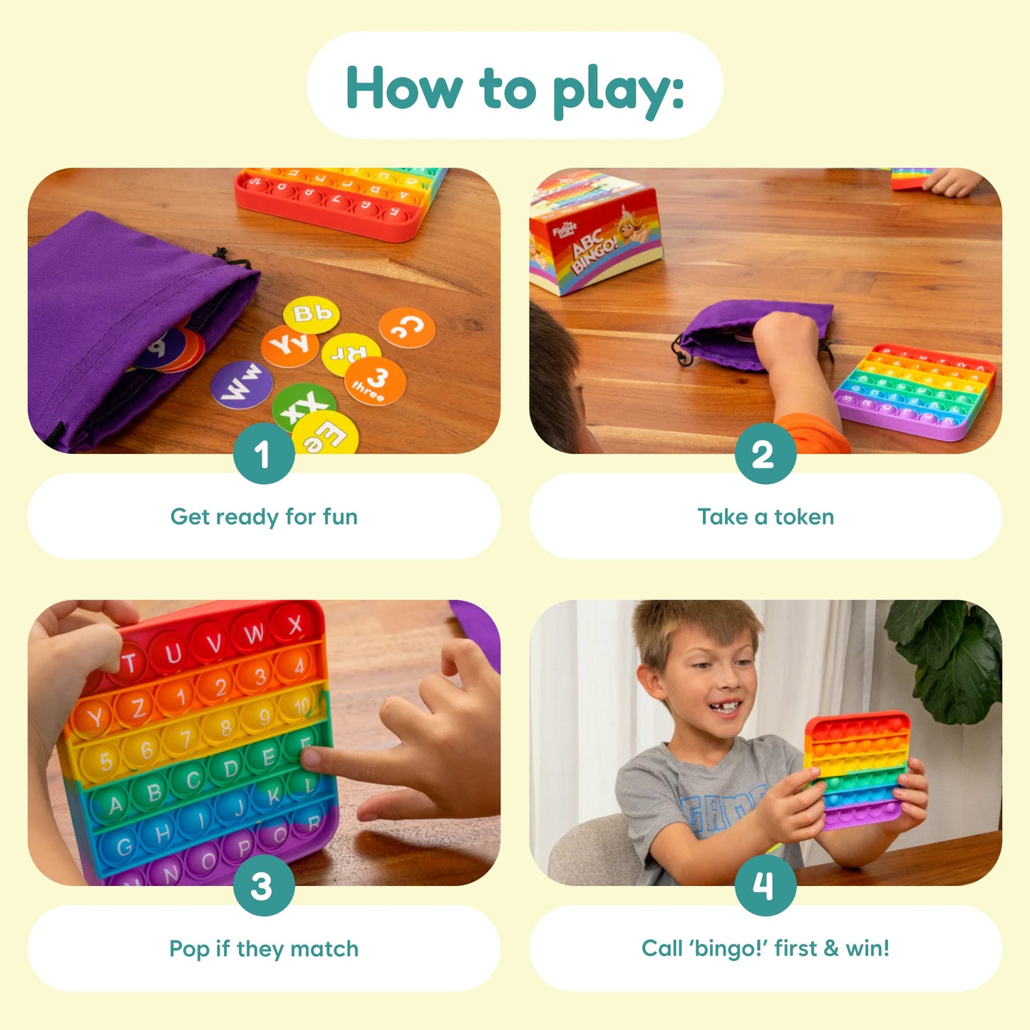 Rainbow letter-number fidget mat with tokens and purple drawstring pouch