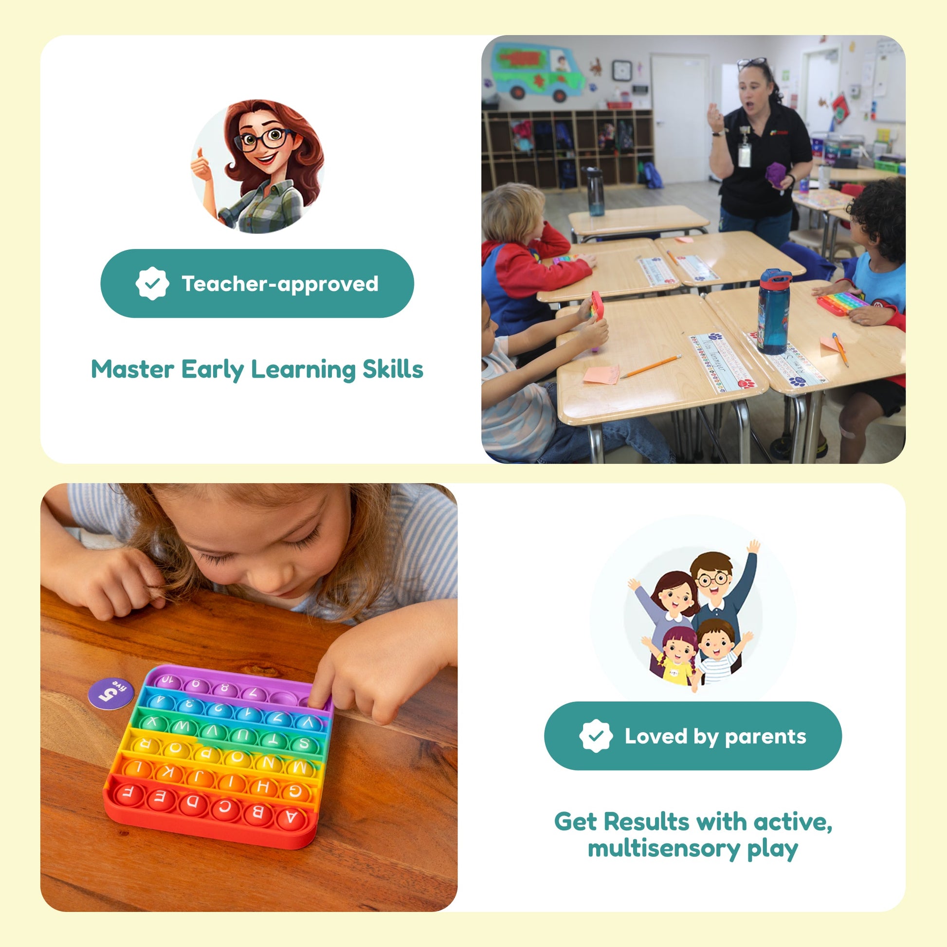 Child playing with a rainbow letter-number fidget mat on a tabletop