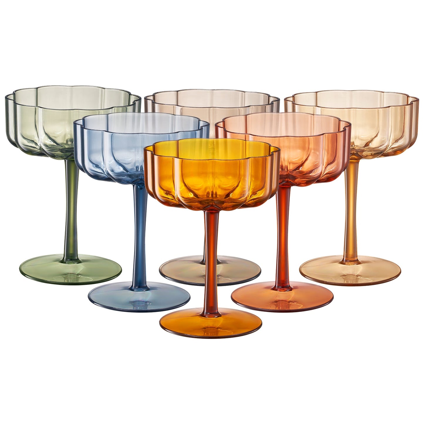 Set of 6 acrylic champagne coupe glasses with colored bowls and clear stems