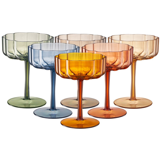 Set of 6 acrylic champagne coupe glasses with colored bowls and clear stems