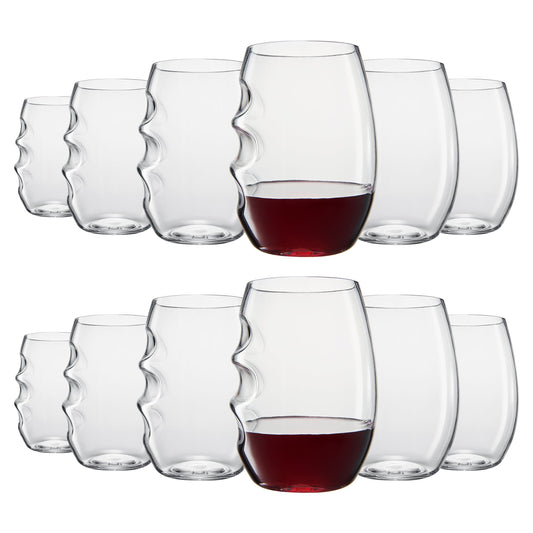 Set of 12 stemless acrylic wine glasses, finger-indented bowls; red wine in one