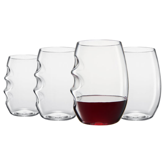 Stemless finger-indent wine glasses, set of 4, clear acrylic, one filled with red wine