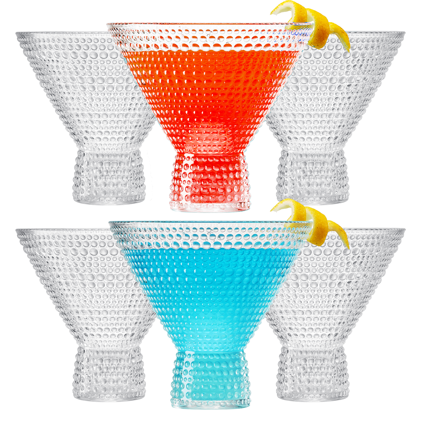 Set of 6 hobnail acrylic martini glasses: orange, blue, and clear, yellow garnish handles