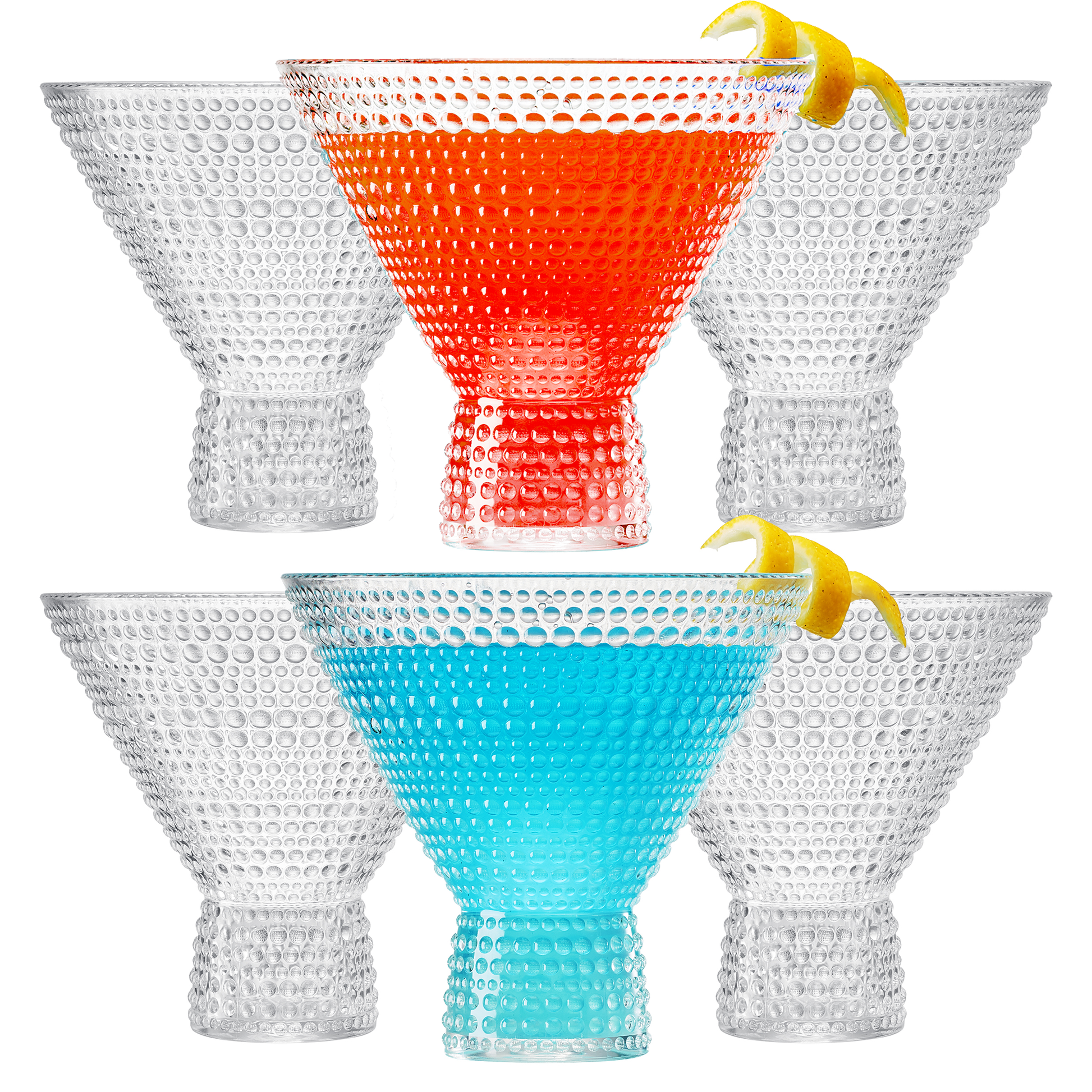 Set of 6 hobnail acrylic martini glasses: orange, blue, and clear, yellow garnish handles