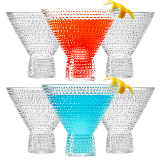 Set of 6 hobnail acrylic martini glasses: orange, blue, and clear, yellow garnish handles