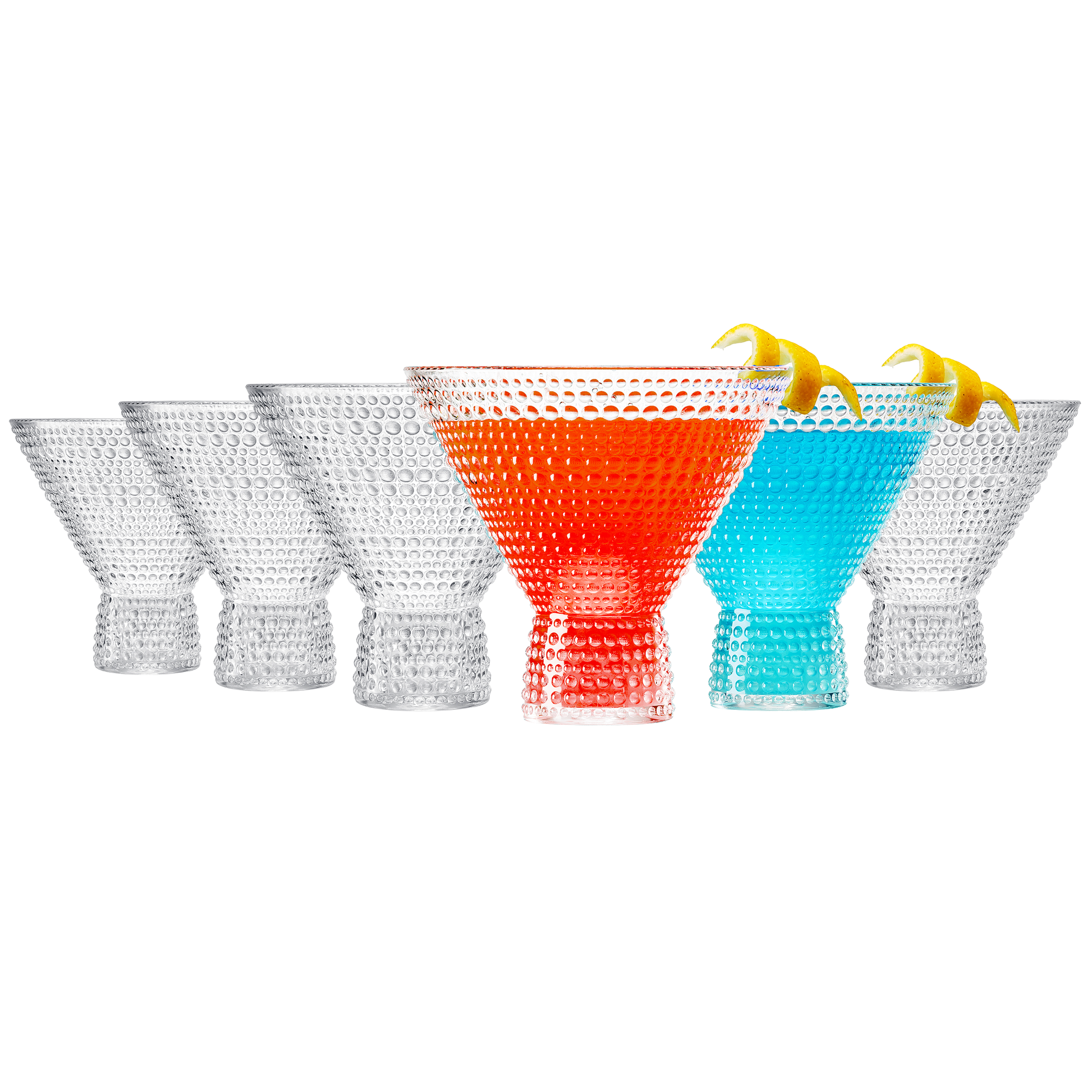 Set of 6 hobnail martini acrylic glasses: clear, orange-red, and blue cups