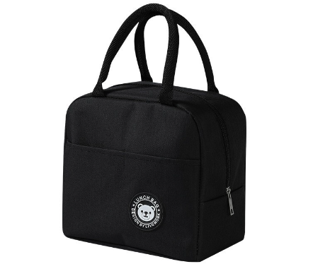 Black insulated lunch bag with top handles, front zipper, and round bear logo patch.