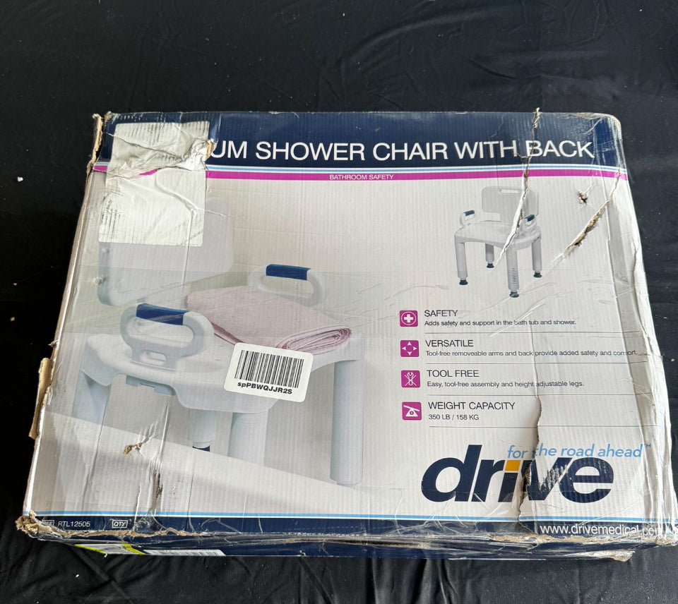 Drive shower chair packaging box showing chair with back and armrests