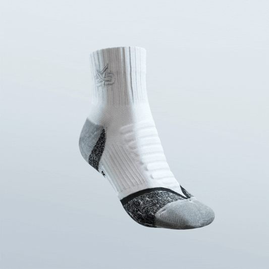 Ankle compression socks, white with gray cushioned heel and black ankle band