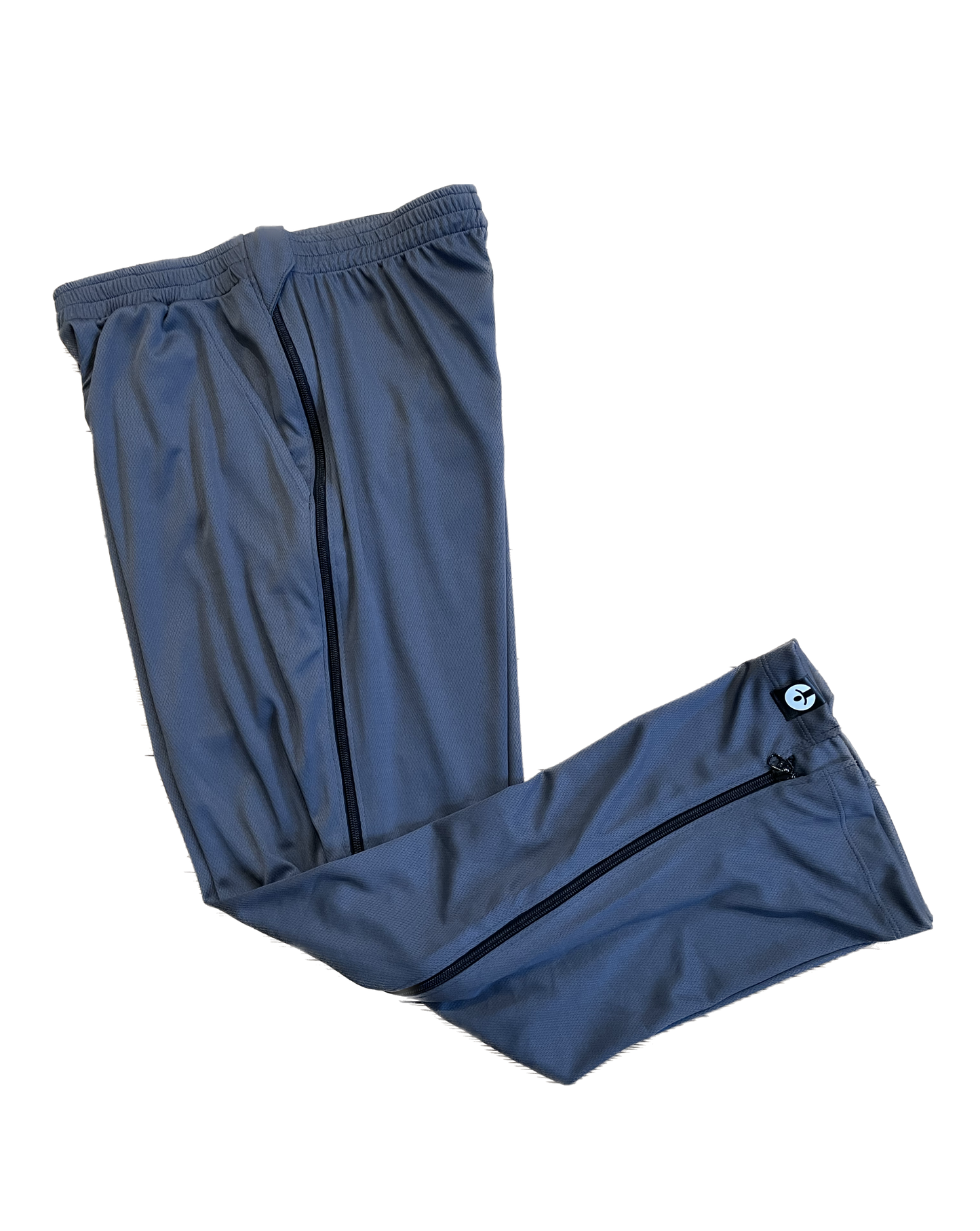 Blue athletic pants with a brand logo on a white background
