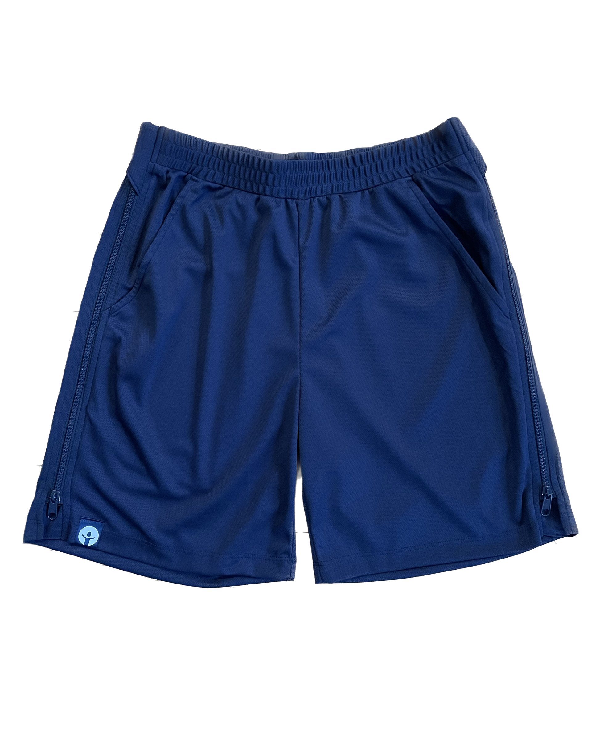 Blue athletic shorts on a white background