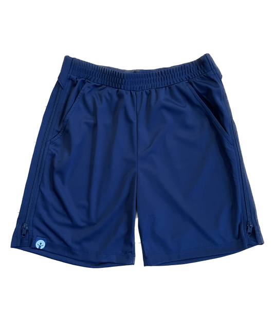 Blue athletic shorts on a white background