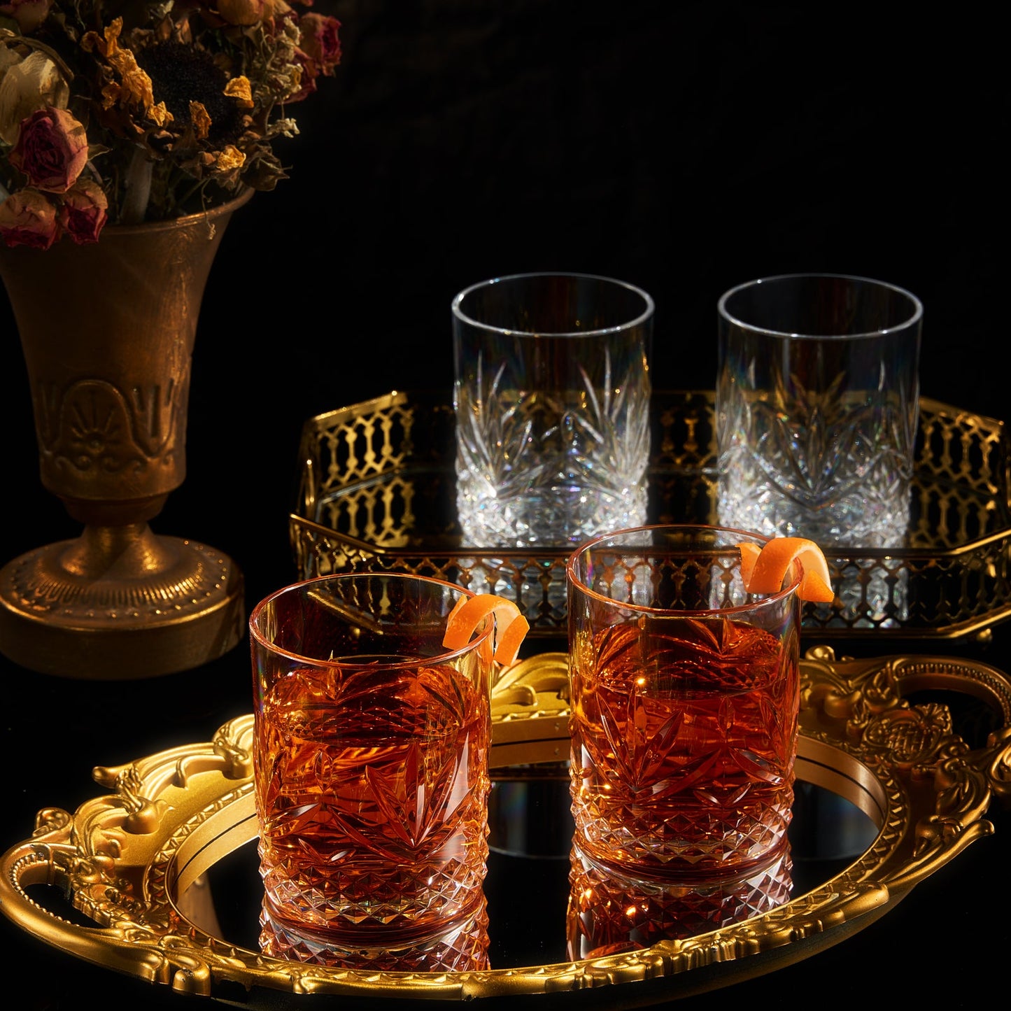 Set of 4 amber acrylic crystal lowball glasses with cut diamond pattern