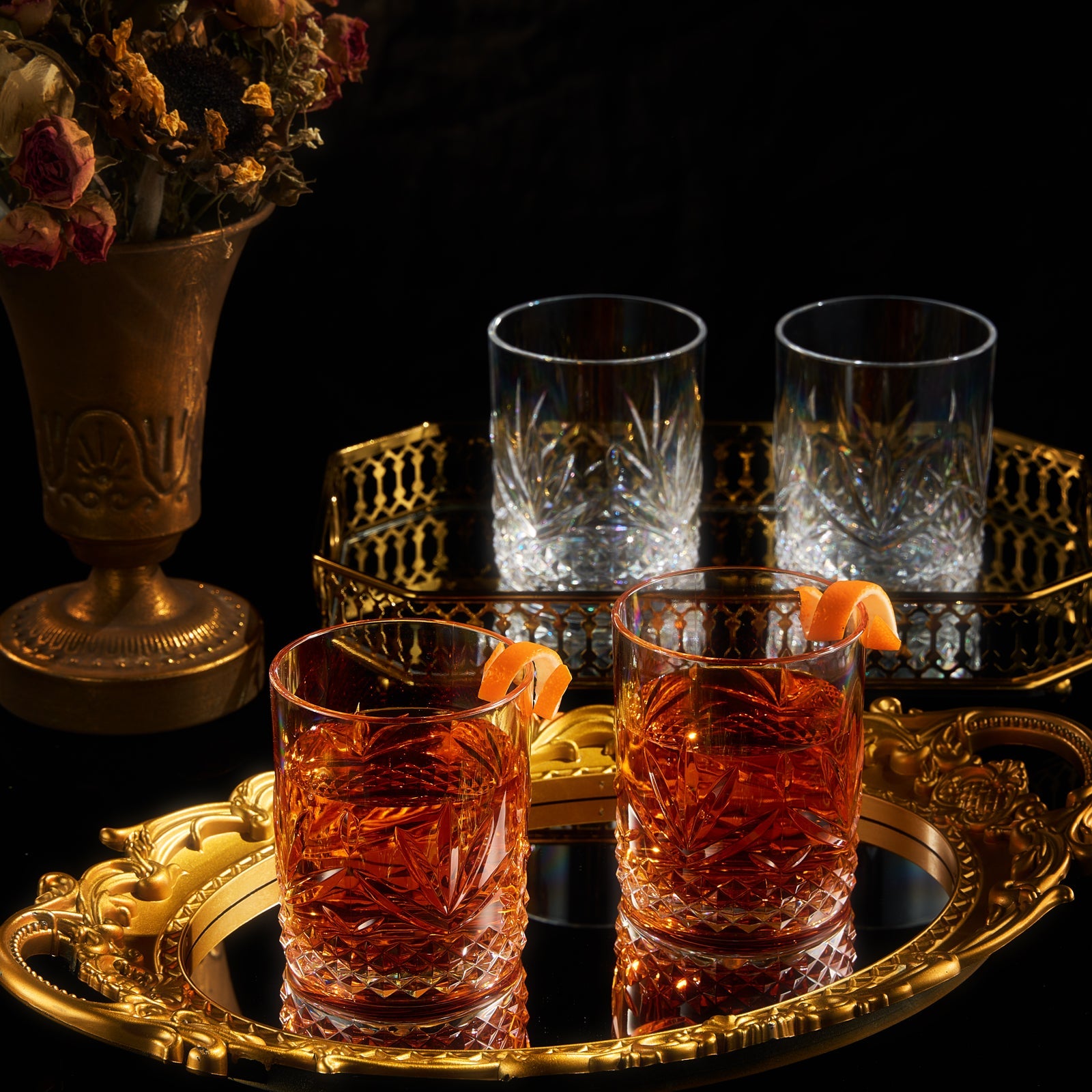 Set of 4 amber acrylic crystal lowball glasses with cut diamond pattern