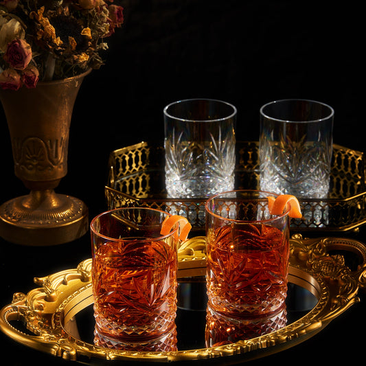 Set of 4 amber acrylic crystal lowball glasses with cut diamond pattern