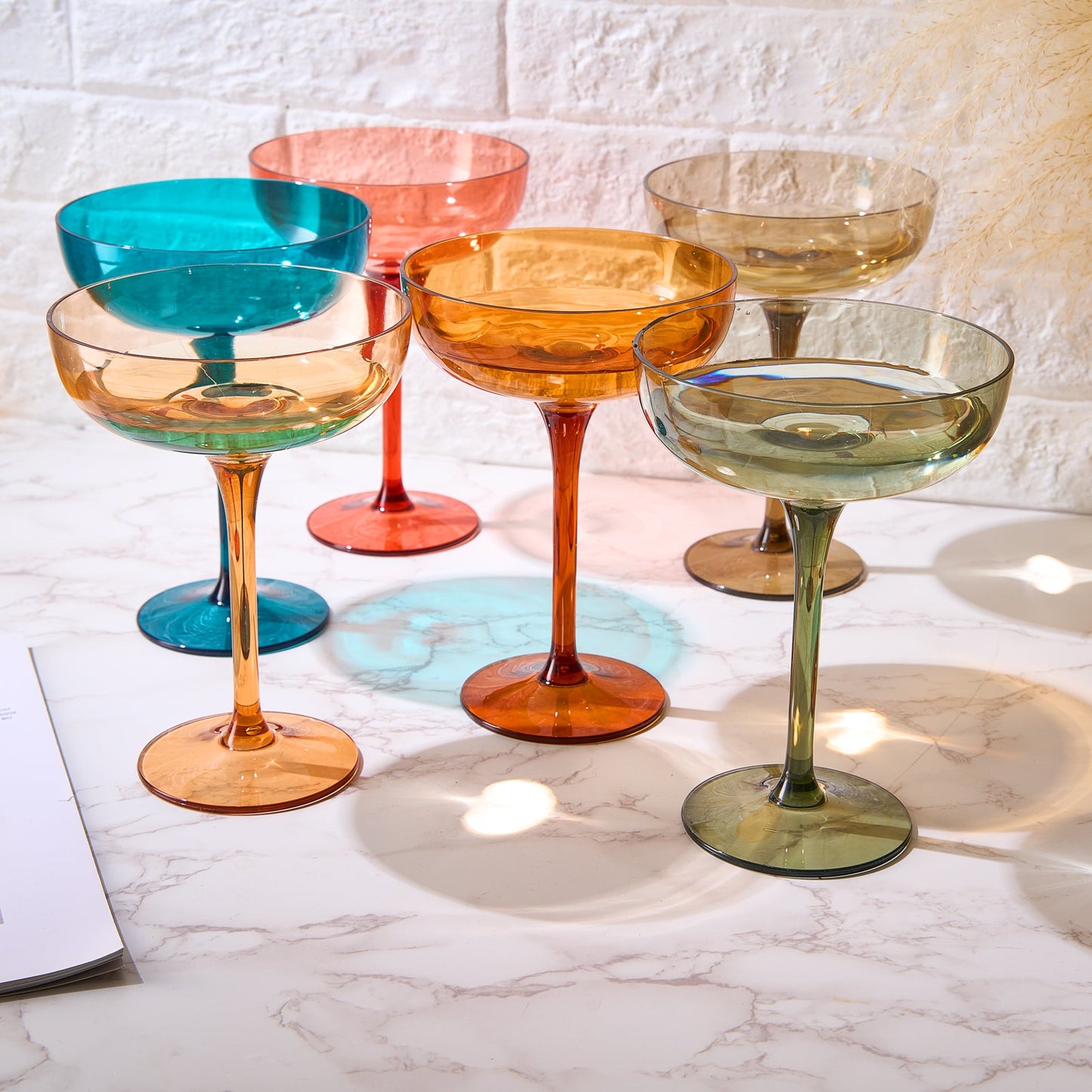 Champagne coupe cocktail glasses set of 6, multicolored tinted acrylic bowls on stems