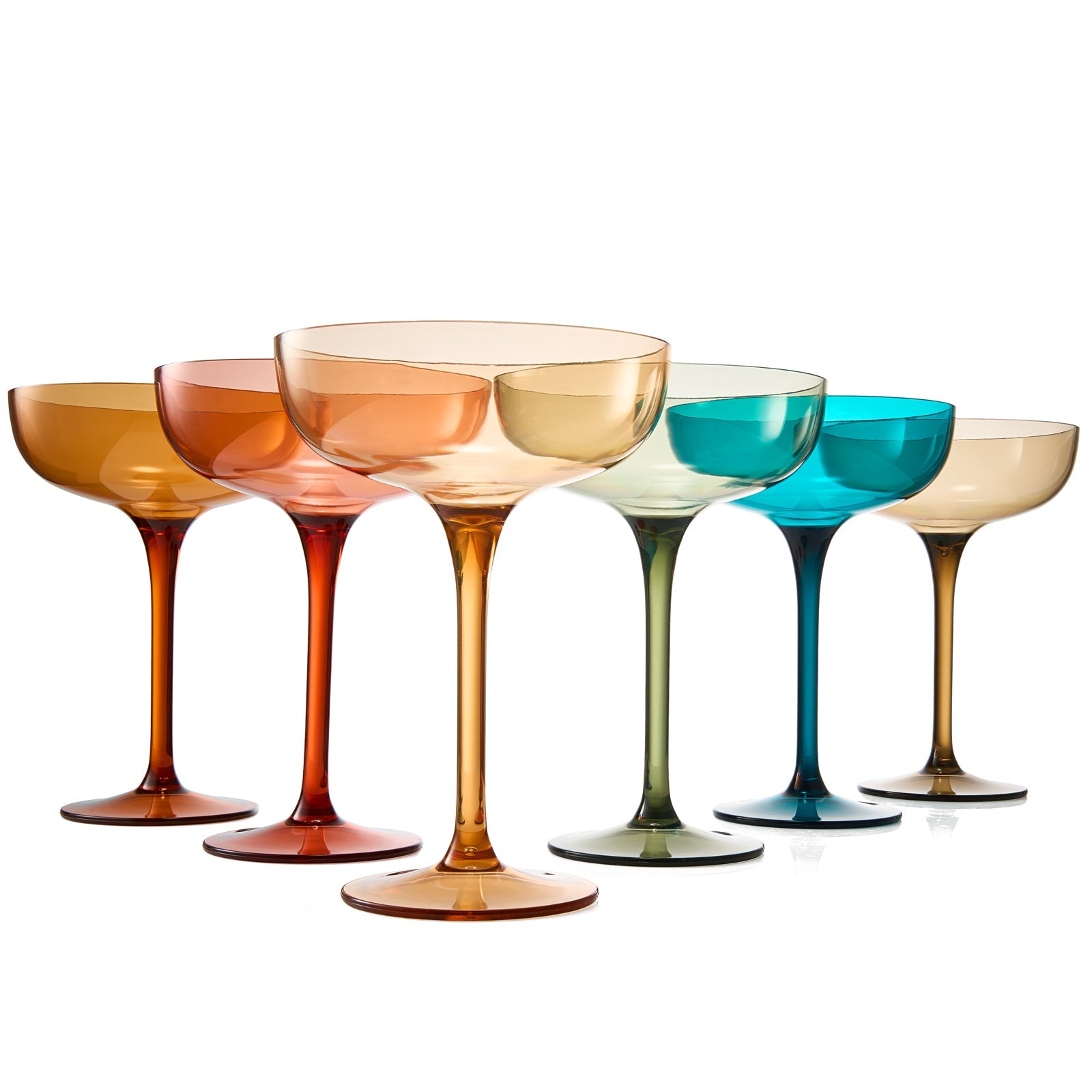 Champagne coupe cocktail glasses set of 6, clear acrylic in amber, orange, teal