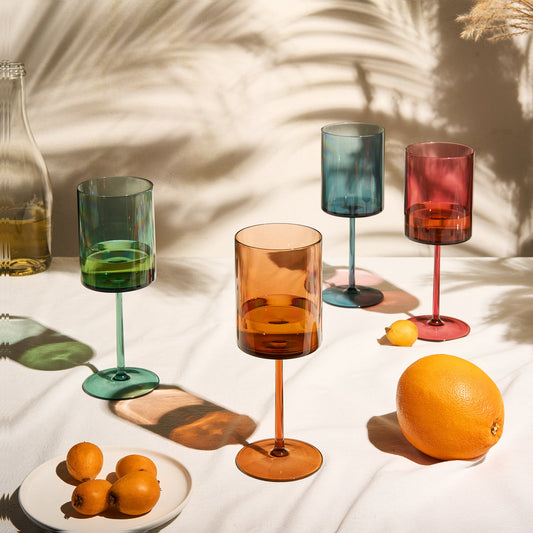 Acrylic square wine glasses on stems, set of 6, showing teal, green, amber and red bowls