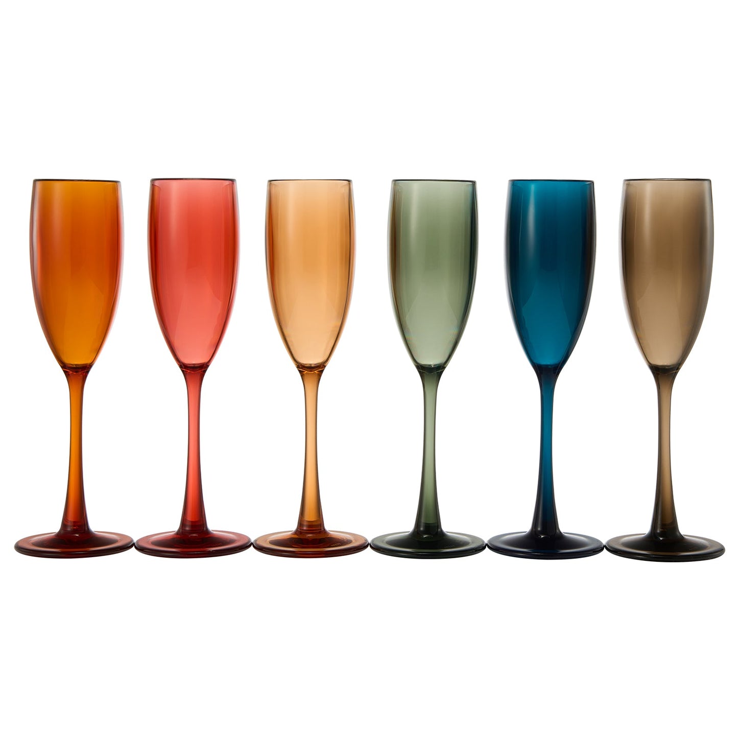 Assorted acrylic champagne flutes, orange red peach green dark blue and tan, set of 6.