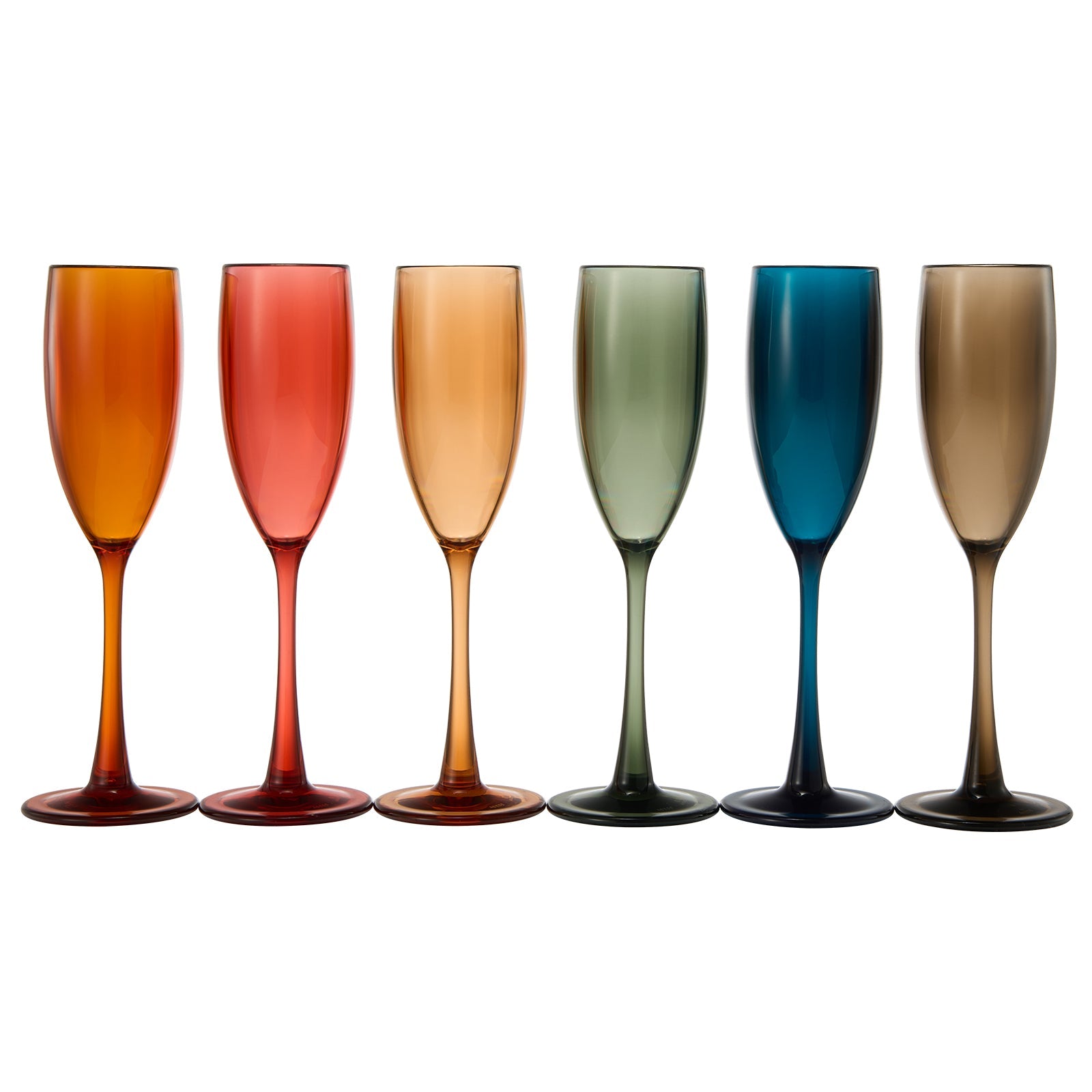 Assorted acrylic champagne flutes, orange red peach green dark blue and tan, set of 6.