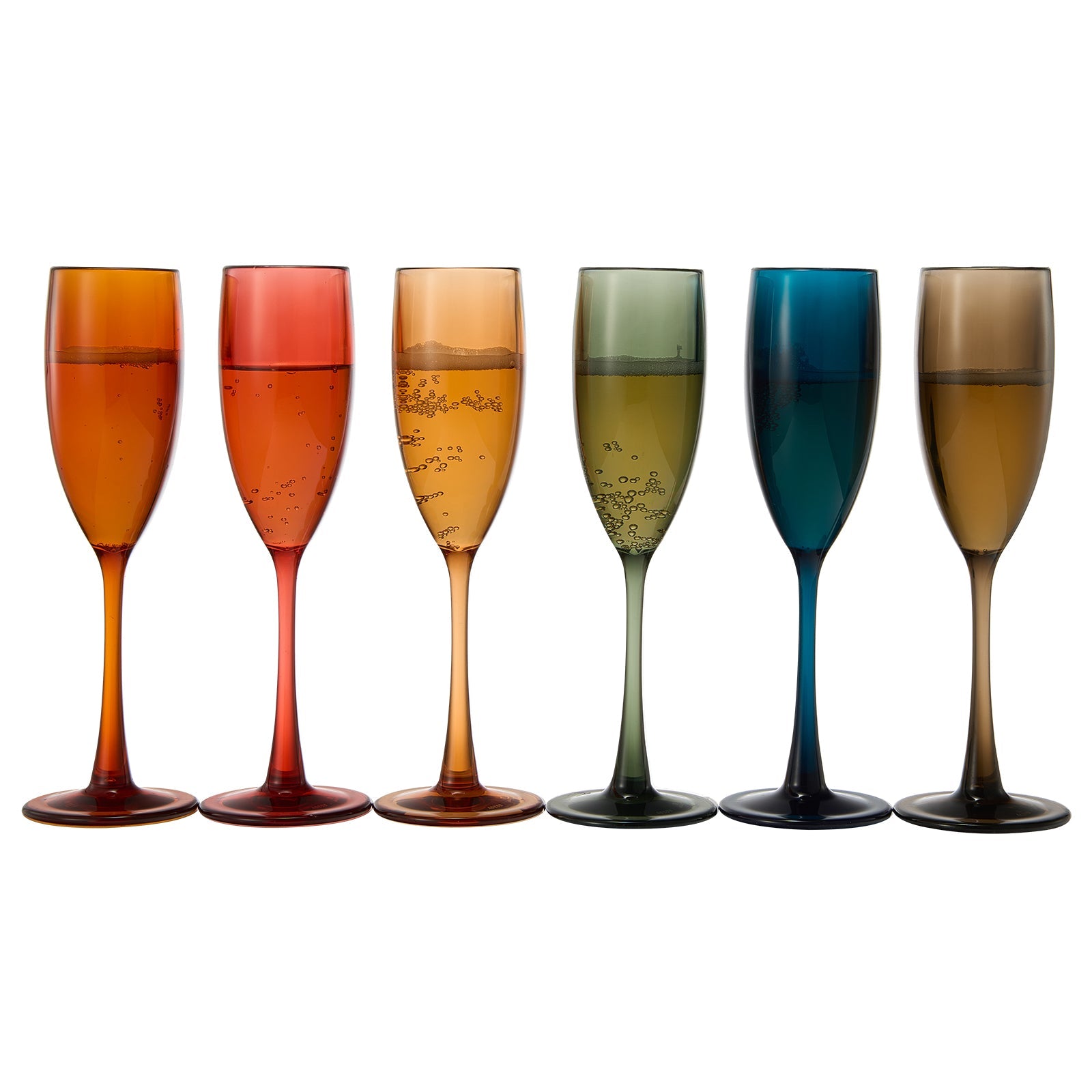 Assorted acrylic champagne flutes, orange red peach green blue and tan, set of 6.