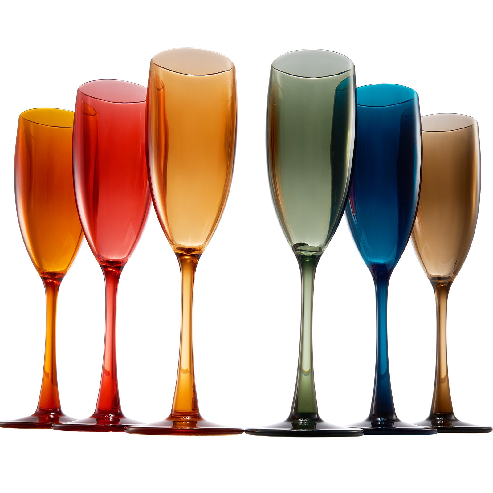 Assorted acrylic champagne flutes, orange red amber green blue brown, set of 6.