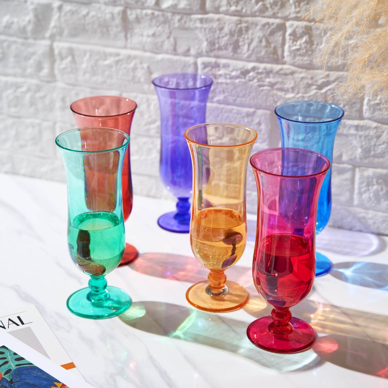 Acrylic hurricane cocktail glasses set of 6 in teal, amber, pink, blue, and purple tones