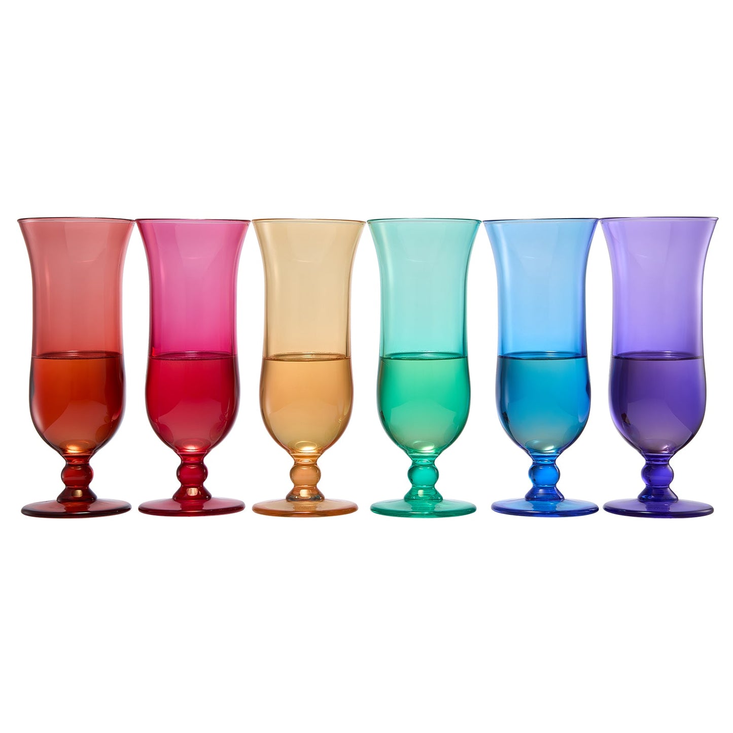 Acrylic hurricane cocktail glasses set of 6 with flared rim and stem in multicolor red to purple