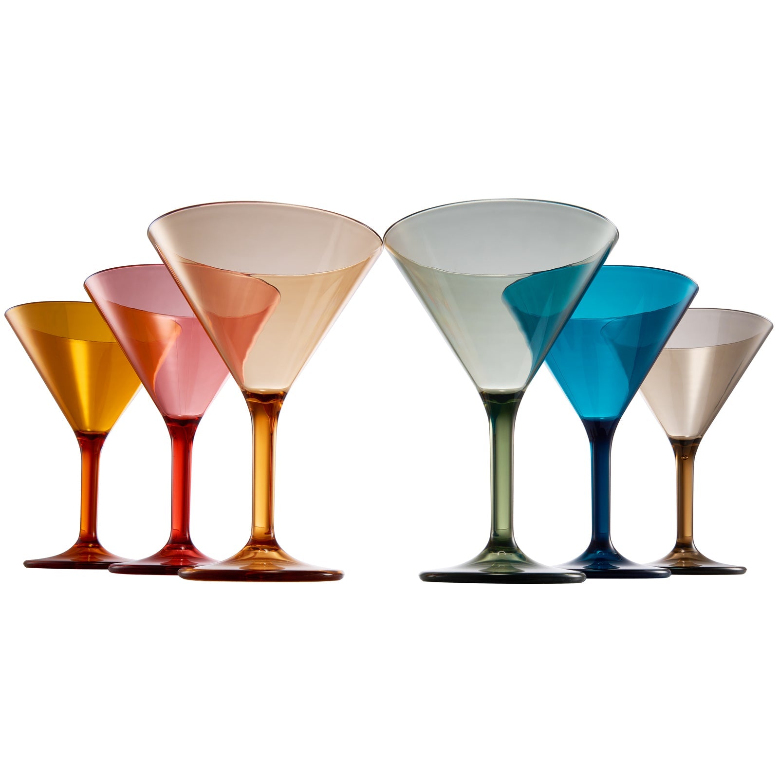 Set of 6 acrylic martini cocktail glasses in mixed colors, angled cups and wide bases